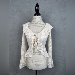 Good Luck Gem Cream Lace Tie Cardigan Sexy Sheer Women’s Small NWOT
